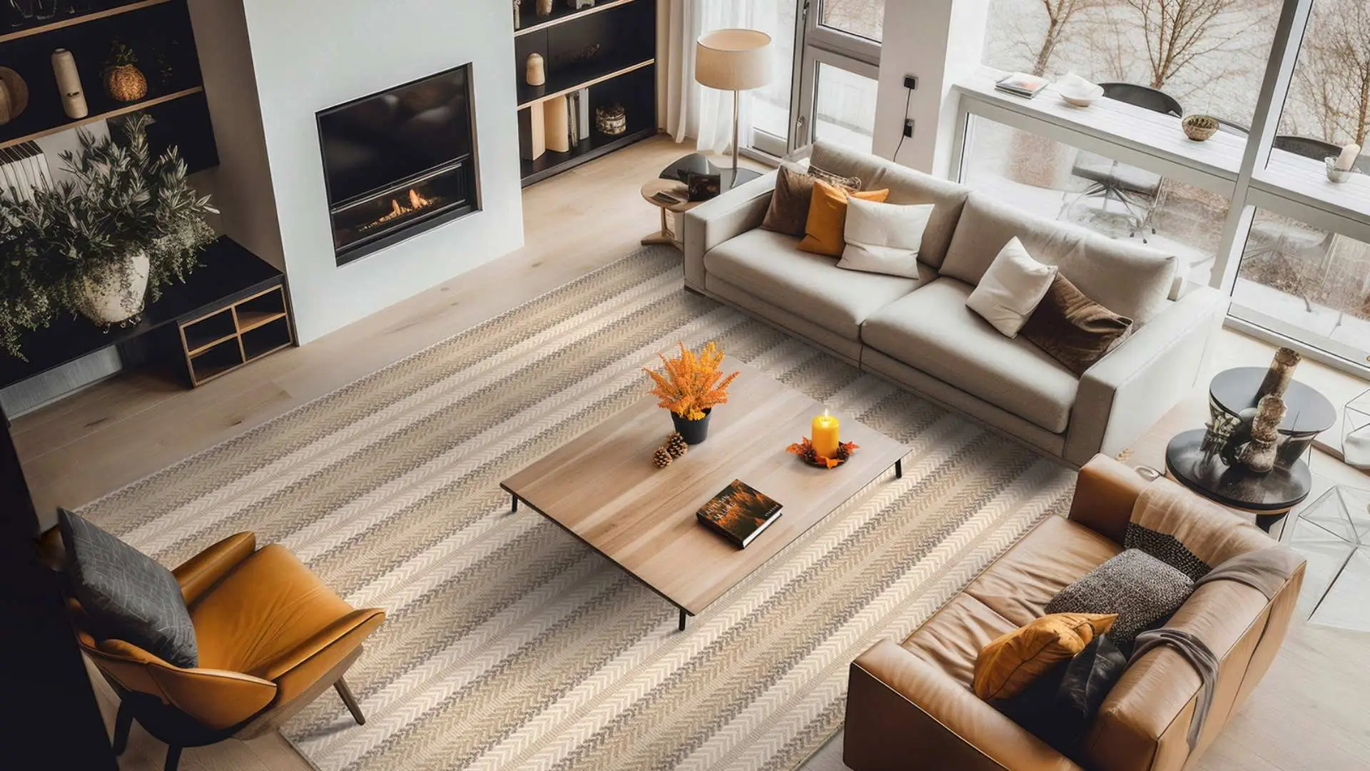 area rug in a living space with beige and brown sofas
